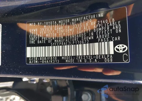 2020 Toyota Corolla Le z USA, uszkodzony, nr VIN 5YFEPRAE2LP110672